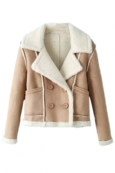 Notched Lapel Lamb Wool Lining Suede Double Breasted Jacket