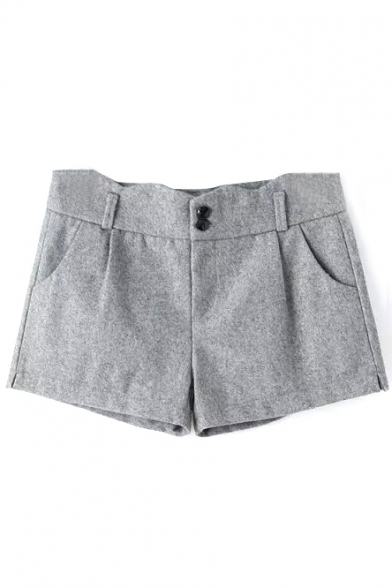 Plain Wave Curved Hem Tweed Loose Double Buttons Shorts