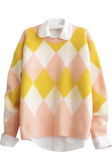 Round Neck Geometric Color Block Long Sleeve Soft Sweater