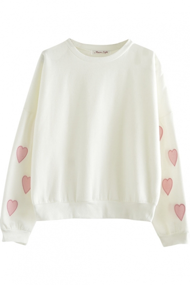 Round Neck Heart Print White Pullover Long Sleeve Sweatshirt