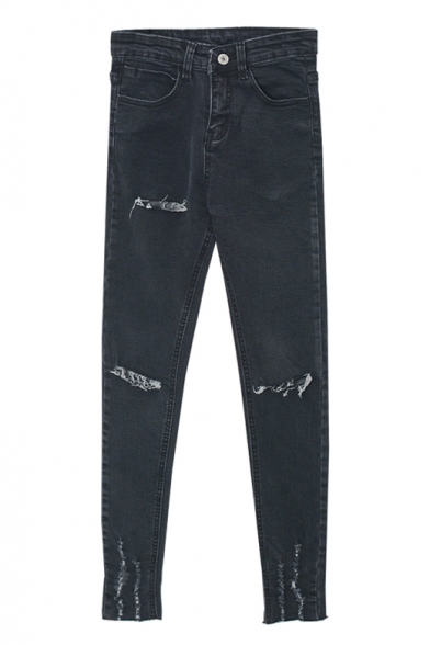Zipper Fly Cutout Ripped Mid Waist Plain Skinny Jeans