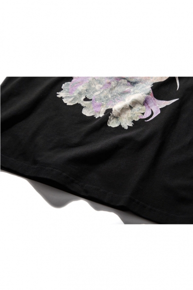 Abstract Crane & Floral Print Short Sleeve Pullover Tee