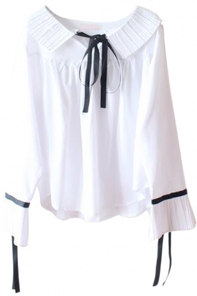 Pleated Collar Bow Tie Front Long Sleeve Blouse
