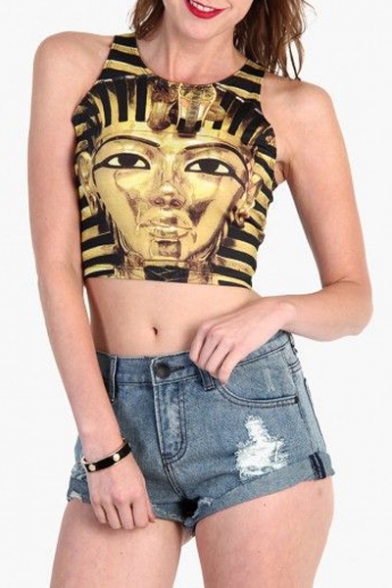 Egyptian Pharaoh Print Sleeveless Gold Cropped Tee