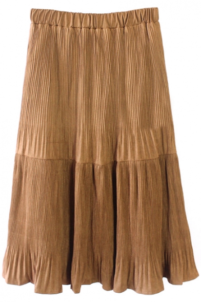 Elastic Waist Pleated Plain Patchwork A-Line Skirt