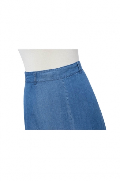 Plain High Waist A-Line Maxi Denim Single Pocket Skirt