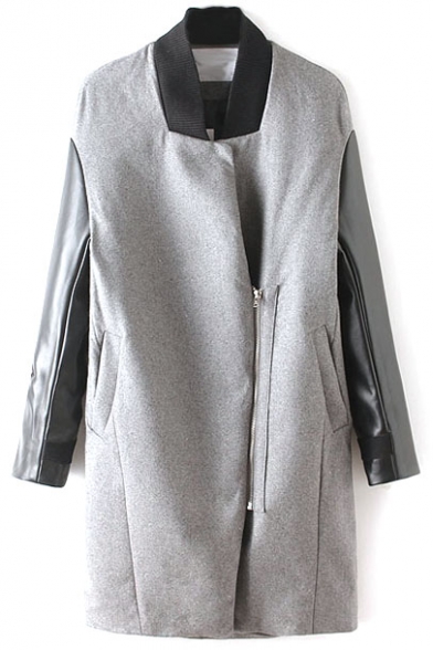 PU Patchwork Sleeve Inclined Zipper Long Tweed Coat