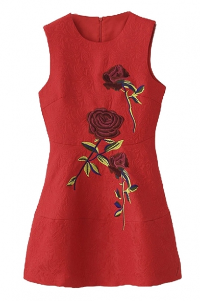 Red Round Neck Sleeveless Rose Embroidery Jacquard Dress
