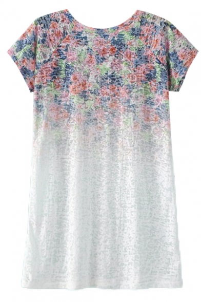 Round Neck Floral Print Ombre Short Sleeve Tunic Tee
