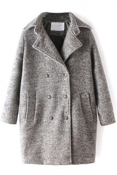 Double Breasted Plain Notched Lapel Thicken Woolen Coat