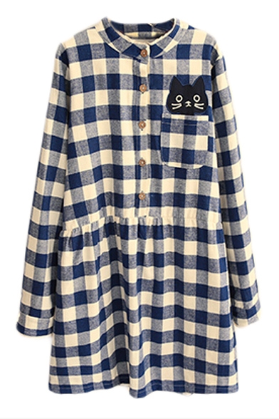 Plaid Single Pocket Cat Patchwork Button Front Shirt Dress