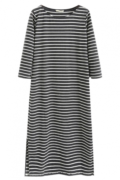 Round Neck 3/4 Length Sleeve Stripes Split Side Midi Dress