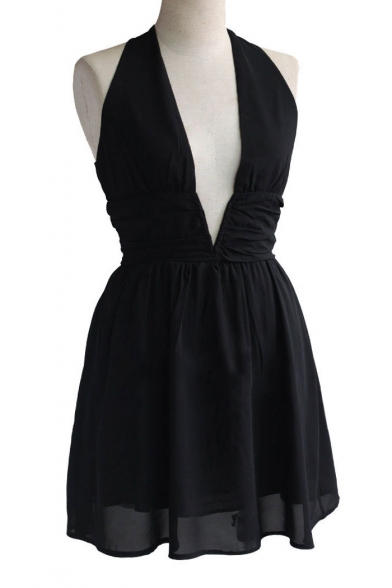 V-Neck Sleeveless Plain Black Chiffon A-line Mini Dress