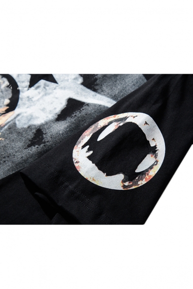 Black Abstract Print Round Neck Short Sleeve Loose Tee