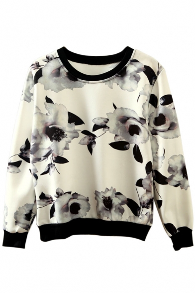 Black & White Floral Print Round Neck Pullover Sweatshirt
