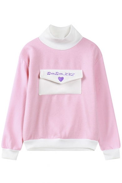 High Neck Letter Embroidery Pocket Front Color Block Sweatshirt