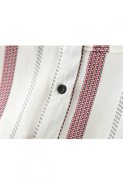 Lapel Stripes Color Block Double Pockets Loose Shirt