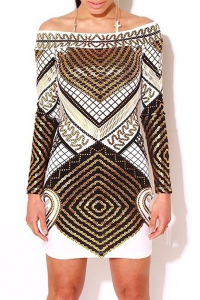 Off The Shoulder Long Sleeve Geometric Print Bodycon Dress