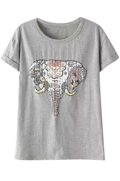 Round Neck Short Sleeve Plaid Elephant Print Loose Tee
