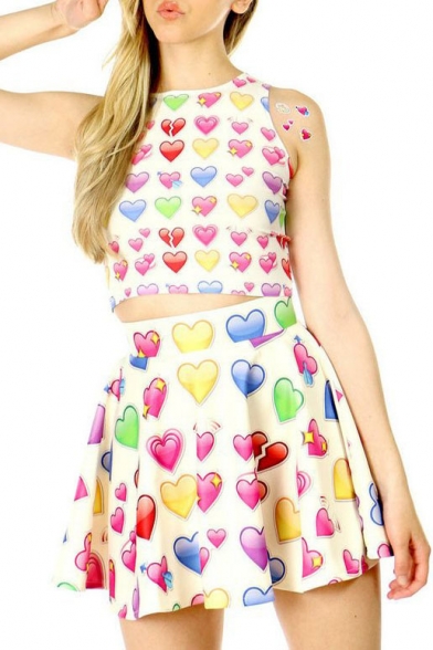 Colorful Hearts Print Slim Cropped Round Neck Tank