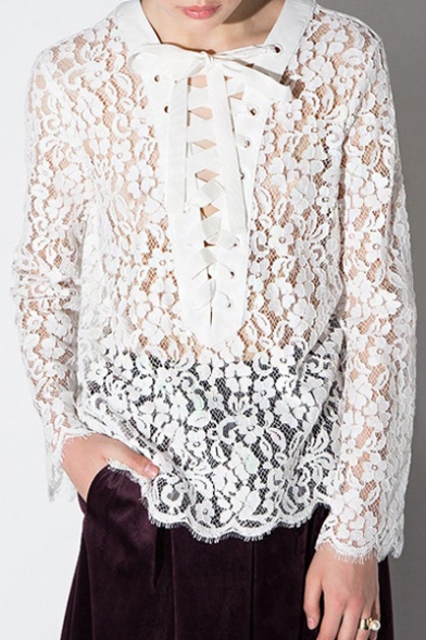 Crisscross Tie Front Lace Sheer Long Sleeve White Blouse