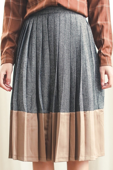 High Waist Pleated Color Block Patchwork Midi Skirt