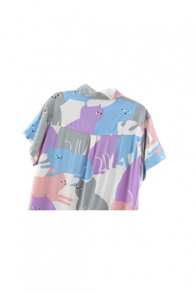 Lapel Color Block Cat Print Short Sleeve Dip Hem Tunic Shirt
