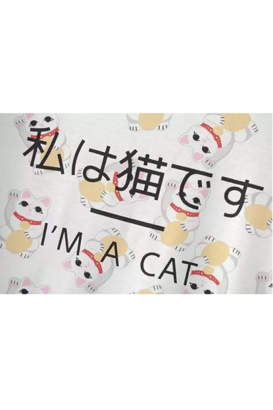 Lucky Cat & Letter Print Short Sleeve Round Neck Tee