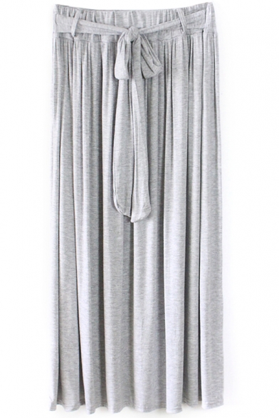 Bow Drawstring Waist Plain Pleated Maxi Skirt