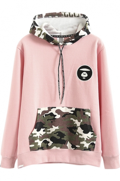 Camouflage Patchwork Hooded Embroidery Pullover Sweatshirt