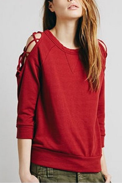 Crisscross Detail Plain Round Neck 3/4 Length Sleeve Sweatshirt