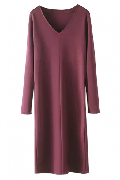 Plain V-Neck Long Sleeve Slim Maxi Pullover Dress