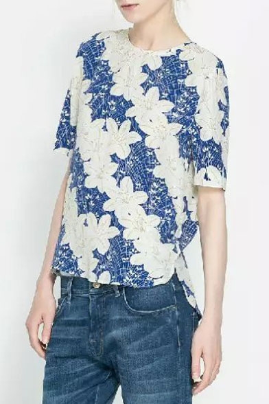 Round Neck Floral Print High low Curved Hem Short Sleeve Tee