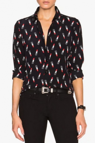Lapel Button Long Sleeve Repeated Lipstick Print Shirt