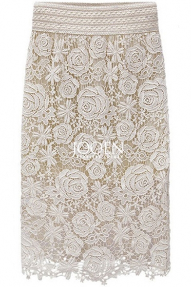 Floral Patterned Lace Plain Tube Midi Skirt