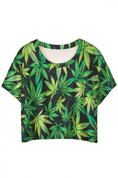 Green Leaf Print Short Sleeve Round Neck Cropped Tee