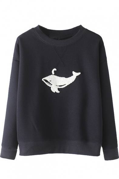 Round Neck Cute Fish Embroidery Pullover Sweatshirt