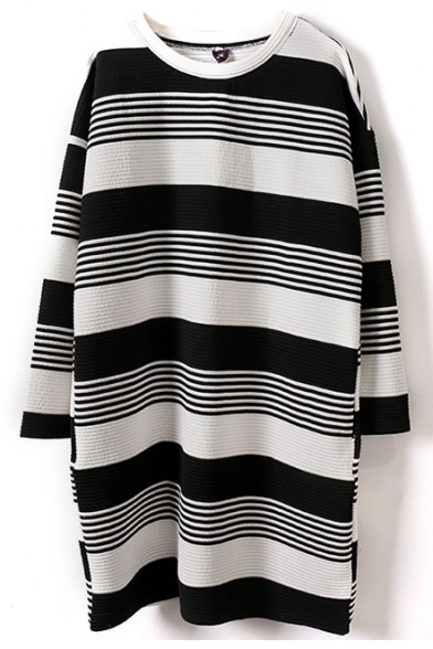 Round Neck Long Sleeve Stripes Color Block Tunic Tee