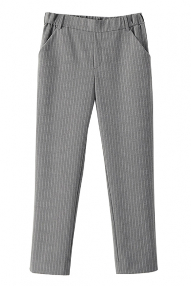 Gray Vertical Stripes Elastic Waist Split Hem Cropped Harem Pants