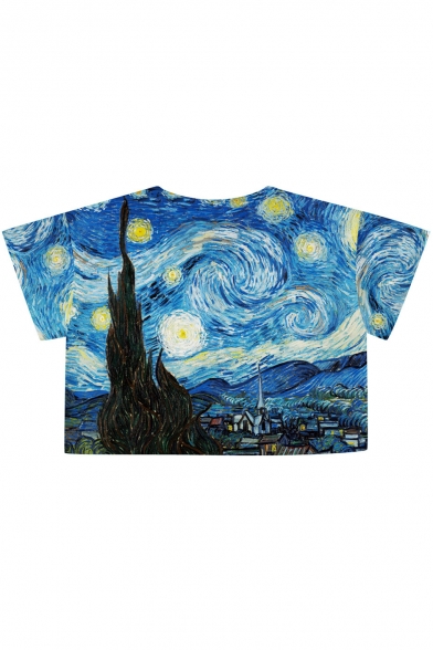 Oil Painting Print Short Sleeve Cropped Loose Tee - Beautifulhalo.com