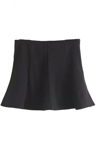 Plain Zip Side Ruffle A-Line Mini Black Skirt