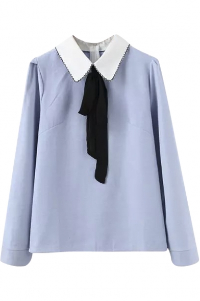 Contrast Collar Bow Tie Front Long Sleeve Blouse - Beautifulhalo.com
