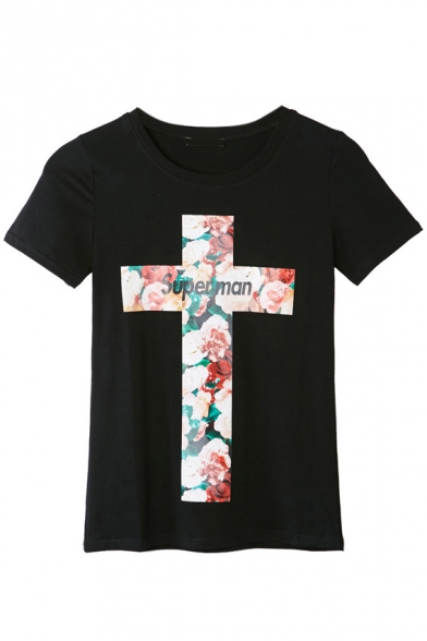 Floral & Letter Print Cross Round Neck Short Sleeve Tee