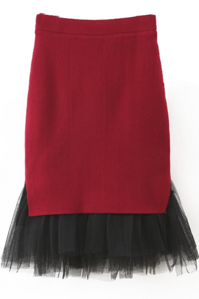 Gauze Patchwork High Waist Bodycon Midi Knit Skirt
