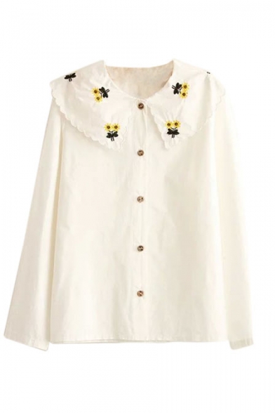 Sunflower Embroidery Long Sleeve Loose Button Down Shirt