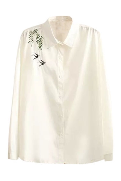 White Lapel Swallows Embroidery Button Down Loose Shirt