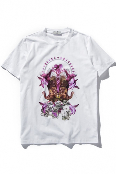 Abstract Crane & Floral Print Short Sleeve Pullover Tee