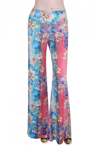 Floral Print Ombre Elastic Waist Wide Leg Flare Pants - Beautifulhalo.com