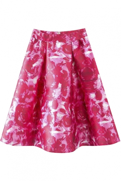 High Waist Rose Print Zip Back A-Line Midi Skirt