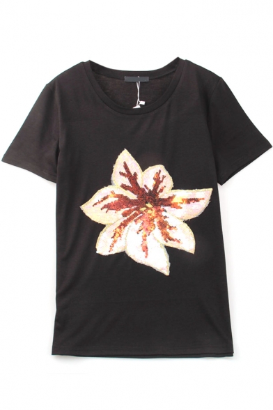 Floral Sequined Embroidery Short Sleeve Round Neck Tee